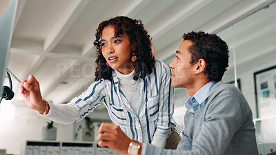 Buy stock photo Help, call centre and business people in office, computer and conversation with mentor. Employees, agent and consultant in workplace, pc and customer service with sales agency, training or discussion
