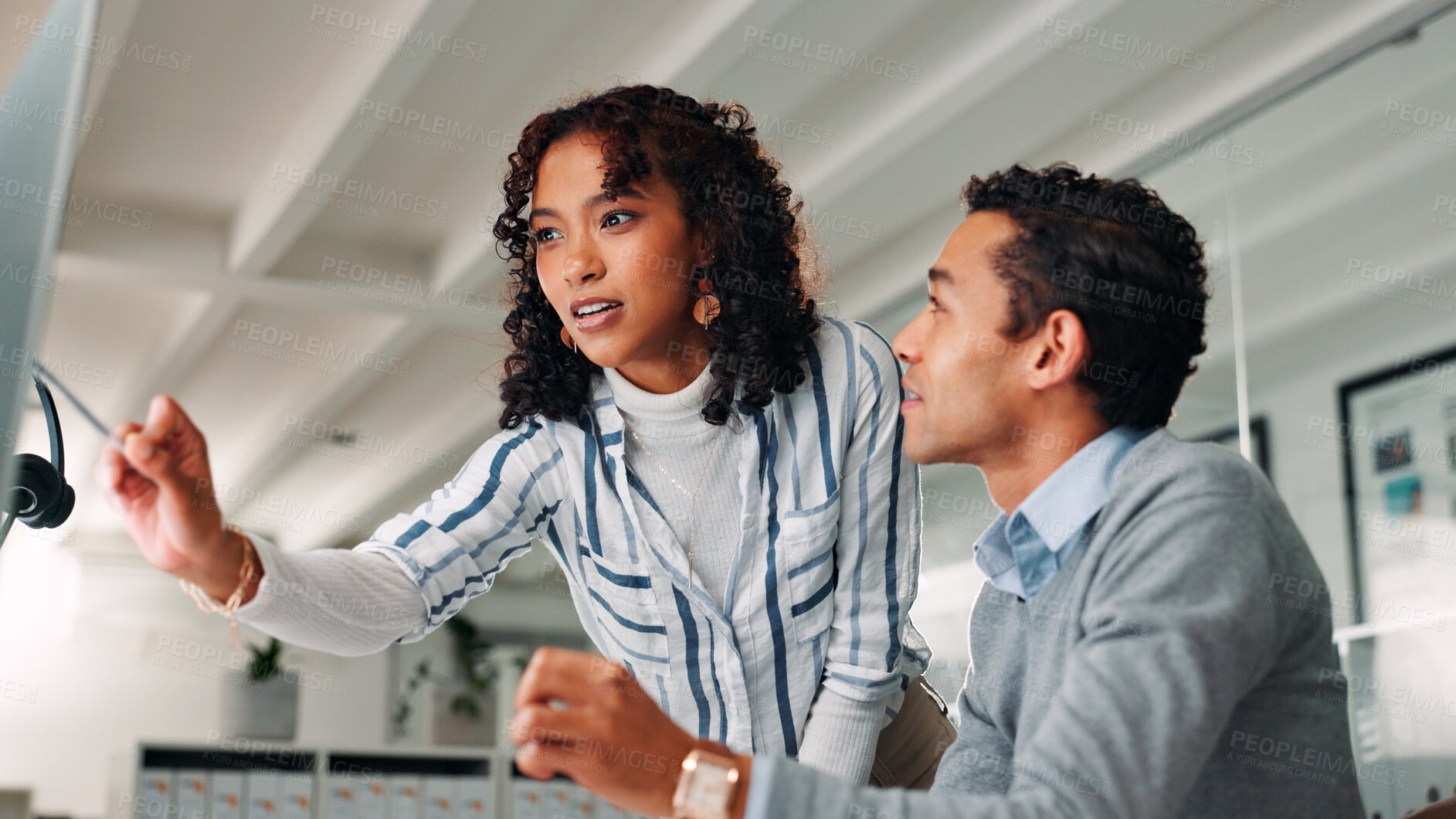 Buy stock photo Help, call centre and business people in office, computer and conversation with mentor. Employees, agent and consultant in workplace, pc and customer service with sales agency, training or discussion