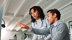Help, call centre and business people in workplace, computer or conversation with mentor. Employees, agent or consultant with pc, website info or cooperation with sales agency, internet or discussion