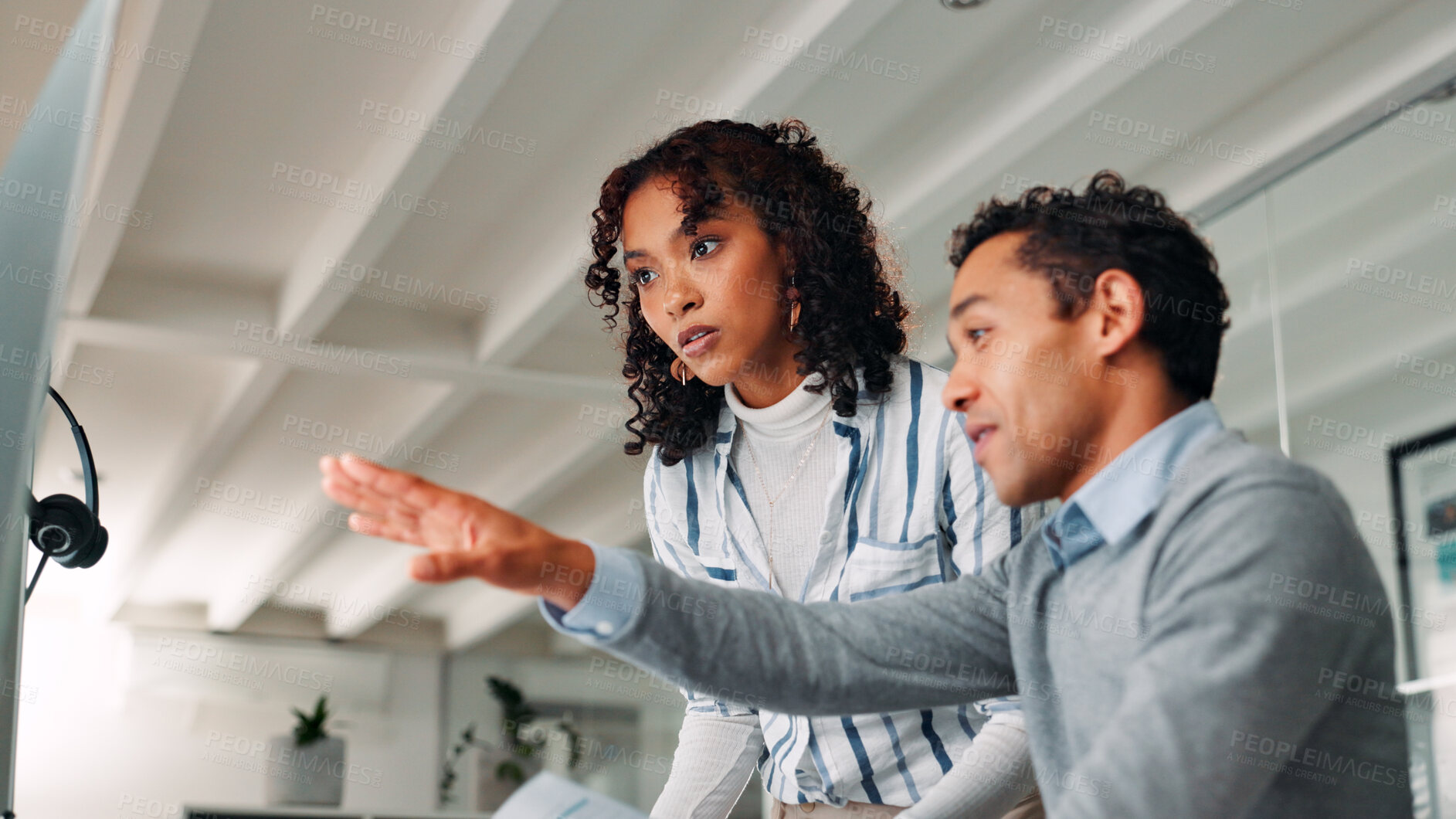 Buy stock photo Help, call centre and business people in workplace, computer or conversation with mentor. Employees, agent or consultant with pc, website info or cooperation with sales agency, internet or discussion
