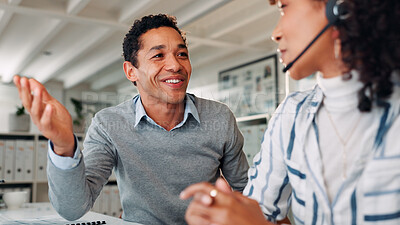 Buy stock photo Help, call centre and business people in office, coaching and conversation with mentor. Employees, customer service and consultant in workplace, pc and cooperation with sales agency, talk or training
