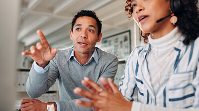 Buy stock photo Coaching, call centre and business people in office, computer and communication with mentor. Employees, agent and customer service in workplace, pc and cooperation with sales agency, talk or training