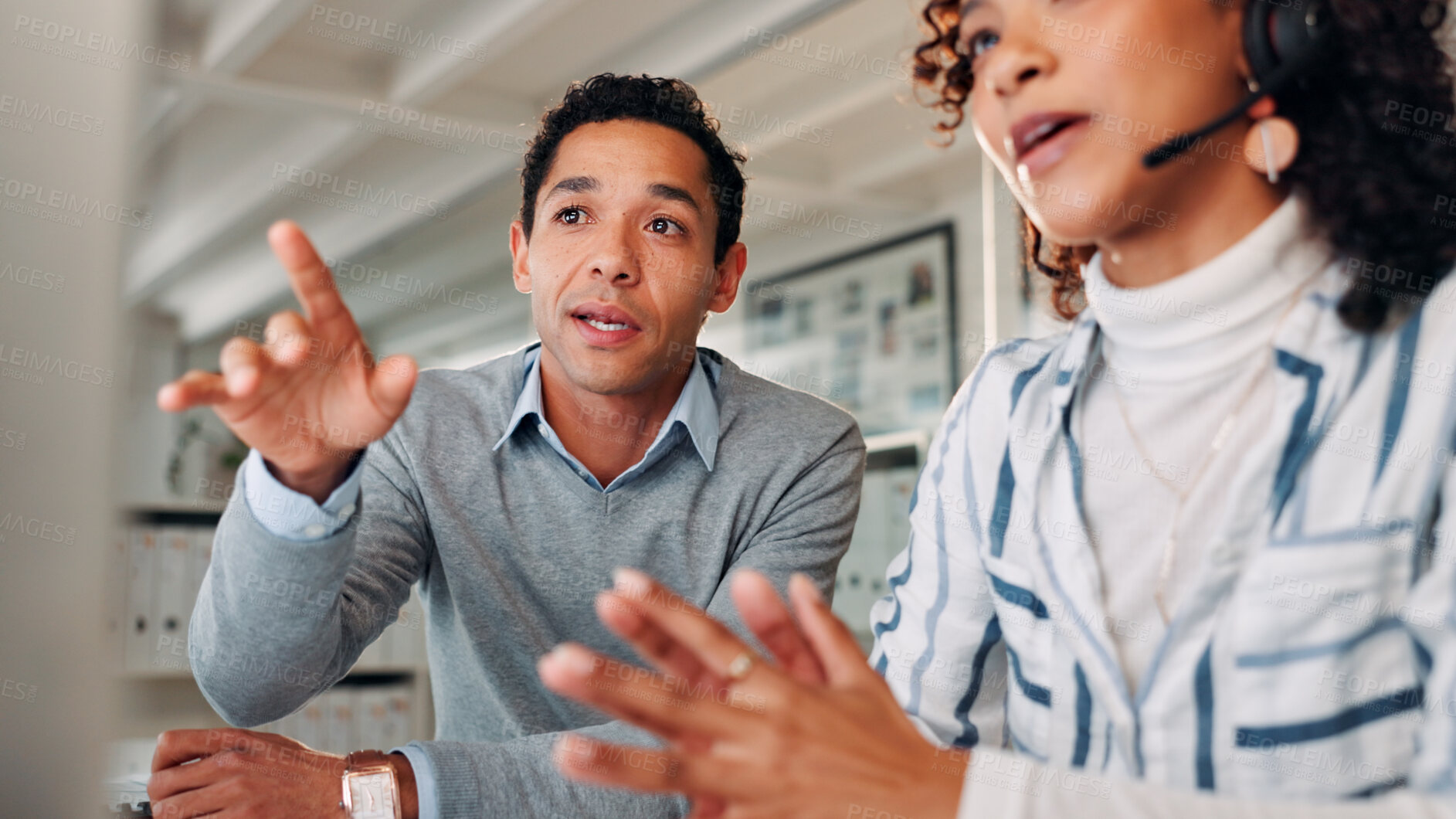 Buy stock photo Coaching, call centre and business people in office, computer and communication with mentor. Employees, agent and customer service in workplace, pc and cooperation with sales agency, talk or training