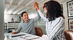 Business people, high five and smile in office for success, online assistance and celebration. Man, woman and customer service employee happy for feedback bonus or promotion as virtual assistant