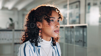 Buy stock photo Reading, research and businesswoman in office for creative project deadline for publishing. Technology, computer and professional female magazine editor with information for article in workplace.