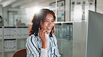 Computer, smile and woman with headset in call center for help or online assistance. Communication, contact us and customer service with employee for feedback or support as office virtual assistant