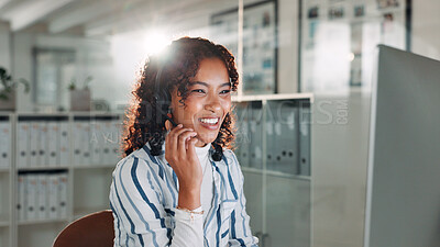 Buy stock photo Computer, smile and woman with headset in call center for help or online assistance. Communication, contact us and customer service with employee for feedback or support as office virtual assistant