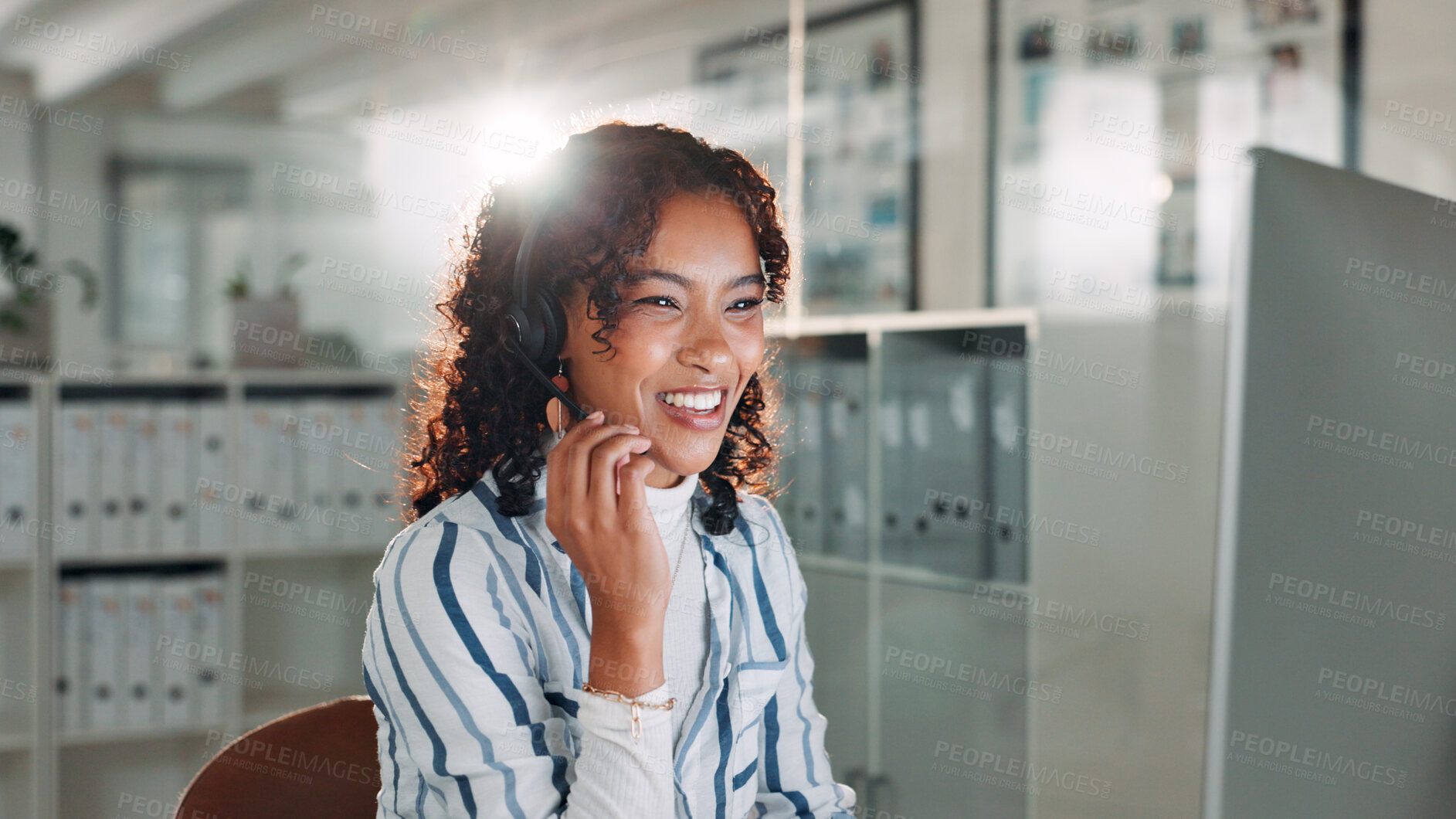 Buy stock photo Computer, smile and woman with headset in call center for help or online assistance. Communication, contact us and customer service with employee for feedback or support as office virtual assistant