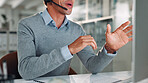Computer, hands and man with headset in call center for help or online assistance. Communication, contact us and customer service with employee in office for feedback or support as virtual assistant
