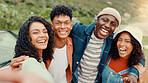 Journey, selfie and people with friends, funny and smile with reunion, profile picture and break. Silly, outdoor and group with vacation, expression and road trip with photography or bonding together