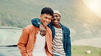 Happy, hug and portrait of best friends on road trip together for bonding, holiday or vacation. Adventure, travel and weekend with smile of black men embracing outdoor for getaway or journey