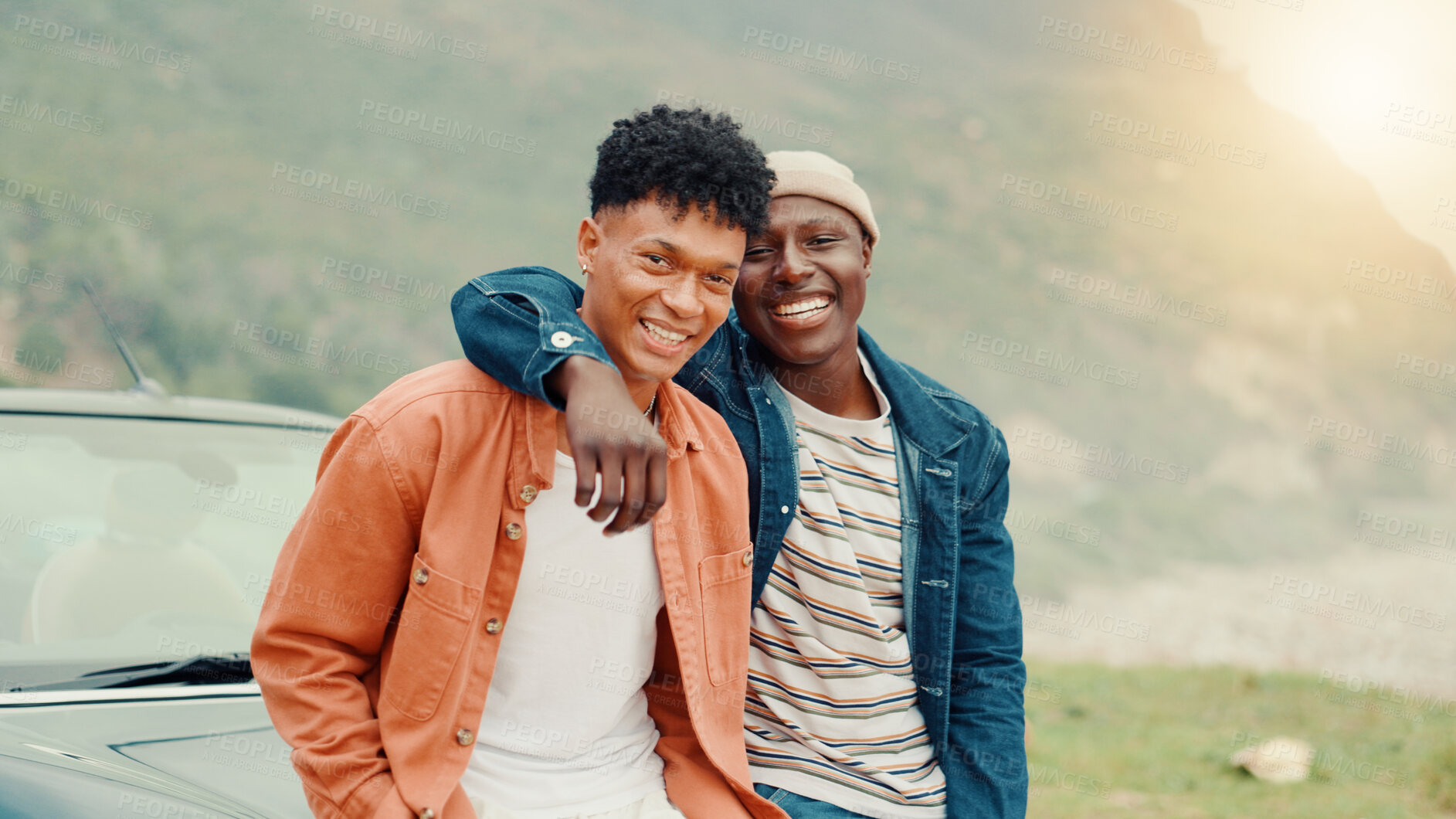 Buy stock photo Happy, hug and portrait of best friends on road trip together for bonding, holiday or vacation. Adventure, travel and weekend with smile of black men embracing outdoor for getaway or journey