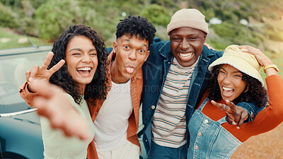 Buy stock photo Travel, selfie and people with friends, funny and smile with reunion, profile picture and journey. Silly, outdoor and group with holiday, expression and road trip with photography or bonding together