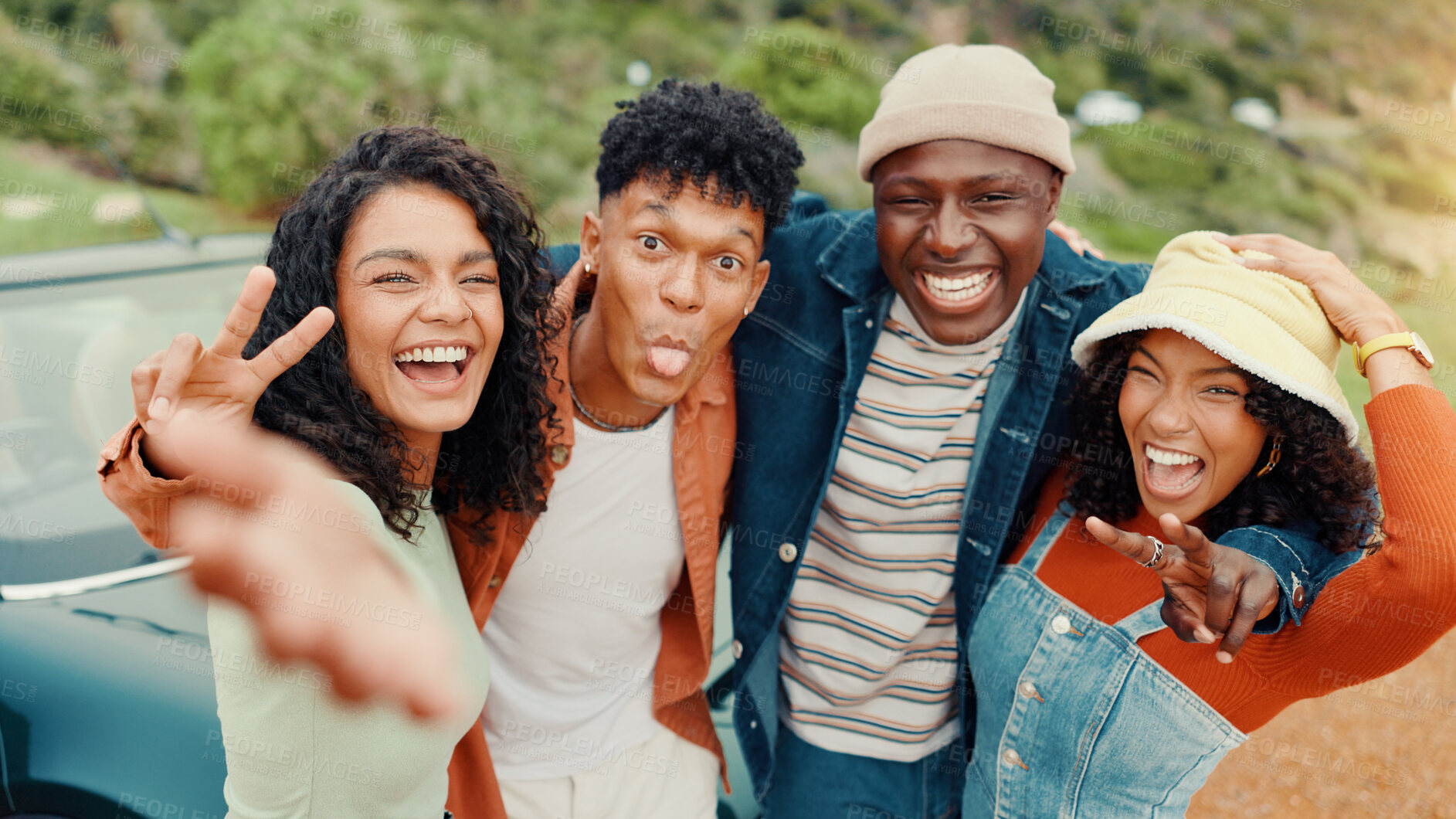 Buy stock photo Travel, selfie and people with friends, funny and smile with reunion, profile picture and journey. Silly, outdoor and group with holiday, expression and road trip with photography or bonding together