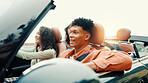 Drive, relax and road trip with happy friends in car together for holiday, travel or vacation. Freedom, smile and thinking with group of people riding in convertible vehicle for weekend getaway