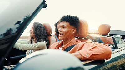 Buy stock photo Drive, relax and road trip with happy friends in car together for holiday, travel or vacation. Freedom, smile and thinking with group of people riding in convertible vehicle for weekend getaway