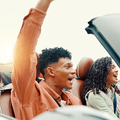 Drive, freedom and road trip with happy friends in car together for ...