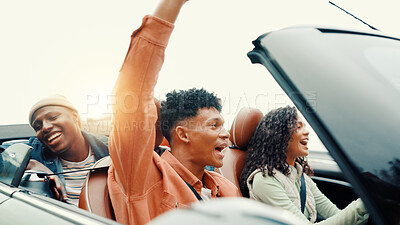 Buy stock photo Drive, freedom and road trip with happy friends in car together for holiday, travel or vacation. Dance, energy and music with group of people riding in convertible vehicle for weekend getaway