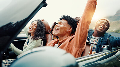 Buy stock photo Drive, singing and road trip with happy friends in car together for holiday, travel or vacation. Dance, freedom and music with group of people riding in convertible vehicle for weekend getaway