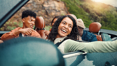 Buy stock photo Drive, excited and road trip with happy friends in car together for holiday, travel or vacation. Energy, music and smile with group of people riding in convertible vehicle for weekend getaway