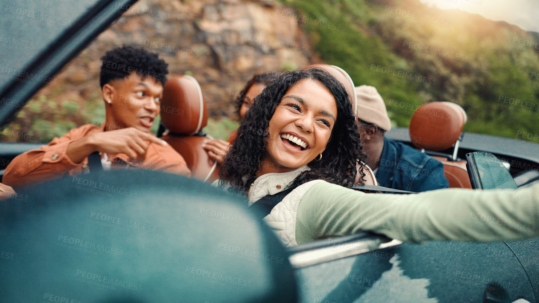 Buy stock photo Drive, excited and road trip with happy friends in car together for holiday, travel or vacation. Energy, music and smile with group of people riding in convertible vehicle for weekend getaway