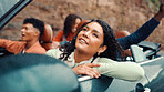 Drive, road trip and vision with happy friends in car together for holiday, travel or vacation. Freedom, ideas and thinking with group of people riding in convertible vehicle for weekend getaway