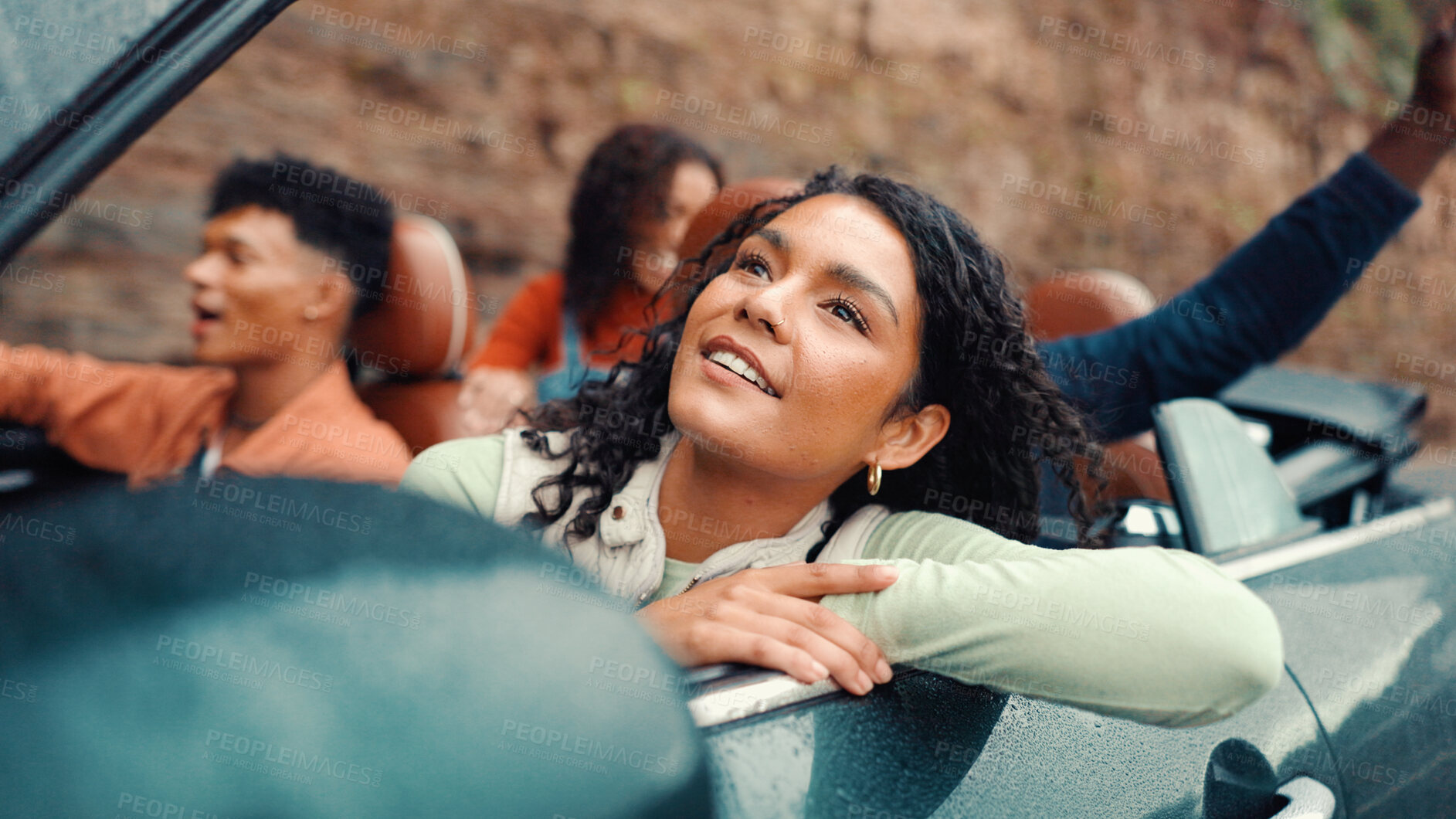 Buy stock photo Drive, road trip and vision with happy friends in car together for holiday, travel or vacation. Freedom, ideas and thinking with group of people riding in convertible vehicle for weekend getaway