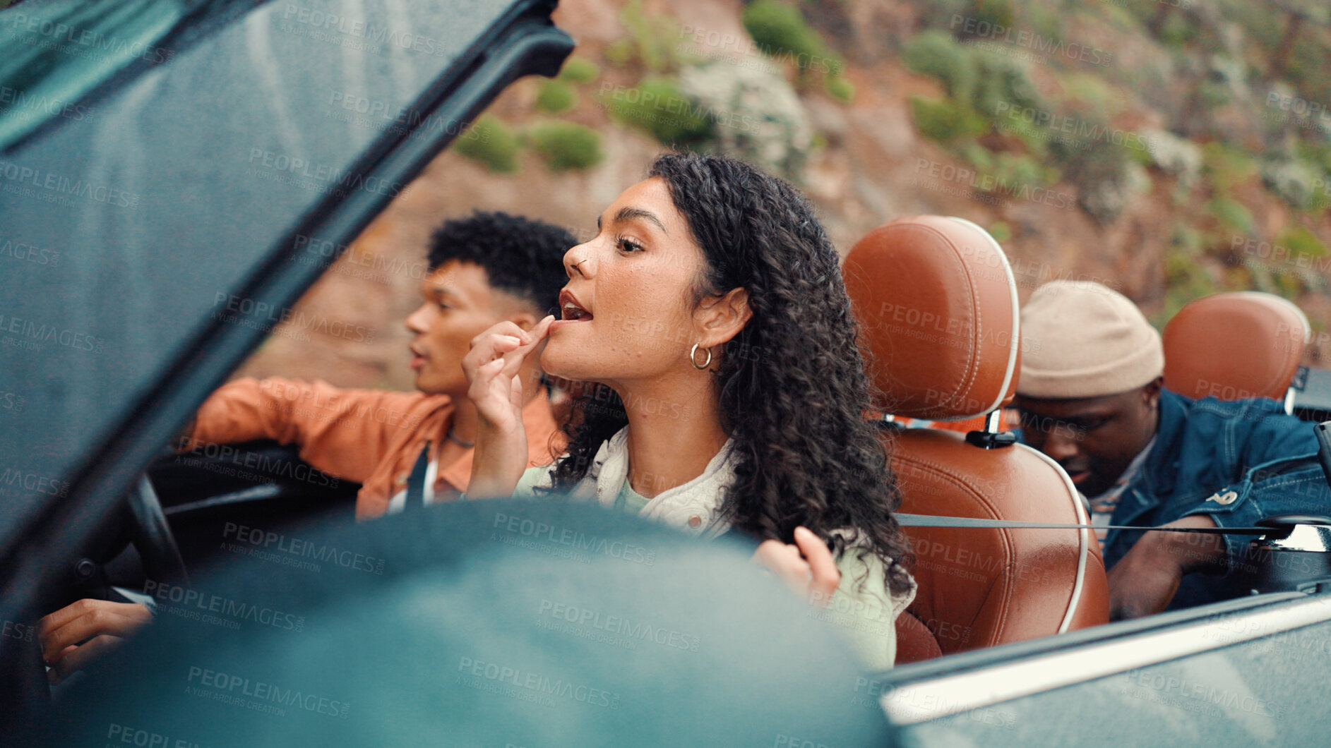 Buy stock photo Check, lipstick and road trip with people in car together for holiday, travel or vacation. Drive, freedom and makeup with group of friends getting ready in convertible vehicle for weekend getaway
