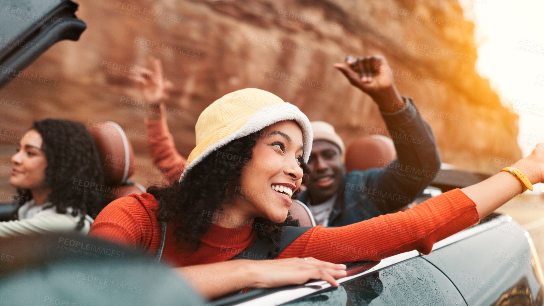 Buy stock photo Dance, road trip and smile with happy people in car together for holiday, travel or vacation. Energy, freedom and thinking with group of friends riding in convertible vehicle for weekend getaway
