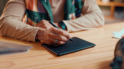 Buy stock photo Person, hands and graphic designer with tablet or pen for drawing, sketching or digital design. Closeup, creative or artist with technology for multimedia production or photo editing software at home