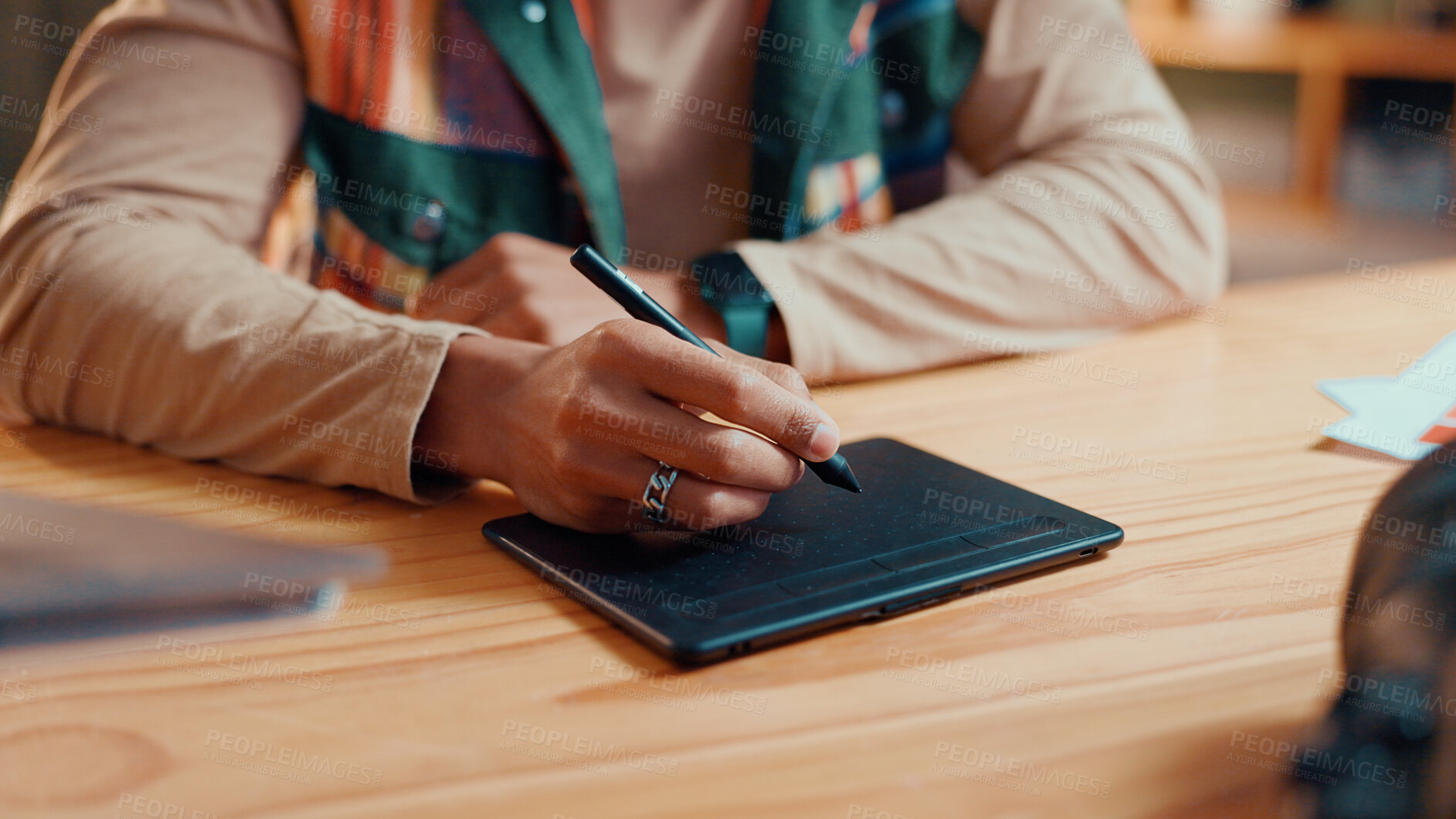 Buy stock photo Person, hands and graphic designer with tablet or pen for drawing, sketching or digital design. Closeup, creative or artist with technology for multimedia production or photo editing software at home