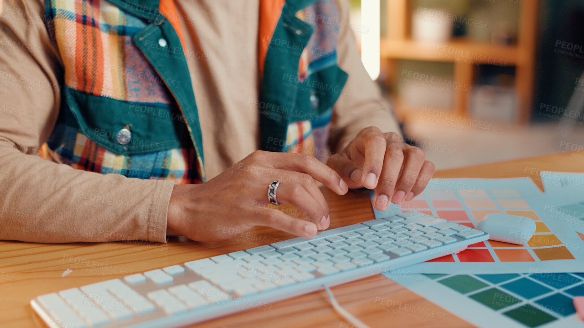 Buy stock photo Home, hands and man with keyboard, color palette and graphic designer with deadline, review and creativity. Person, closeup and employee with computer, proposal and research for project and internet