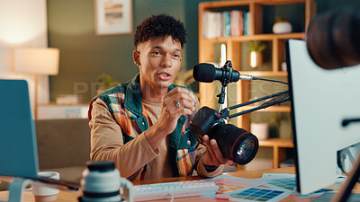 Buy stock photo Influencer, camera and man with mic for podcast, review or social media broadcast. Filming, product or content creator show tech for photography, ratings or picture quality for live streaming at home