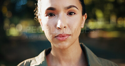 Buy stock photo Portrait, woman and proud athlete in park on break in outdoor training, workout or nature in morning. Face, confidence and healthy female person with smile for fitness, wellness or exercise in France