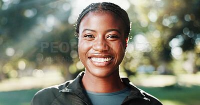 Buy stock photo Happy, athlete and woman on break, outdoor and training routine in morning for wellness or confident. Portrait, runner and black person with pride for fitness, rest and healthy with workout in nature