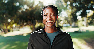 Buy stock photo Confident, athlete and woman on break, outdoor and training routine in morning for wellness or happy. Portrait, runner and black person with pride for fitness, bokeh or healthy with workout in nature