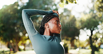 Buy stock photo Fitness, workout and black woman with stretching at park to start exercise, cardio performance and getting ready. Wellness, runner and arm warm up in nature for training and muscle tension relief