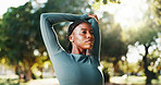 Athlete, exercise and black woman with stretching at park to start workout, fitness performance and getting ready. Wellness, runner and arm warm up in nature for cardio training and muscle relief