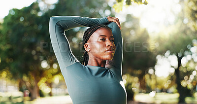 Buy stock photo Athlete, exercise and black woman with stretching at park to start workout, fitness performance and getting ready. Wellness, runner and arm warm up in nature for cardio training and muscle relief