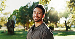 Fitness, man and smile with portrait at park for workout routine, morning cardio and ready for exercise. Athlete, runner and happy in nature for wellness training, running break and sports confidence