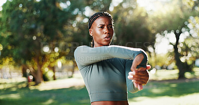 Buy stock photo Breathing, fitness and stretching with black woman in park for start of sports or training routine. Exercise, getting ready and warm up with African person outdoor in nature for workout challenge