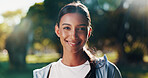 Fitness, girl and happy with portrait at park for morning workout, cardio exercise and ready for marathon. Athlete, runner and smile in nature for wellness routine, running confidence and self care