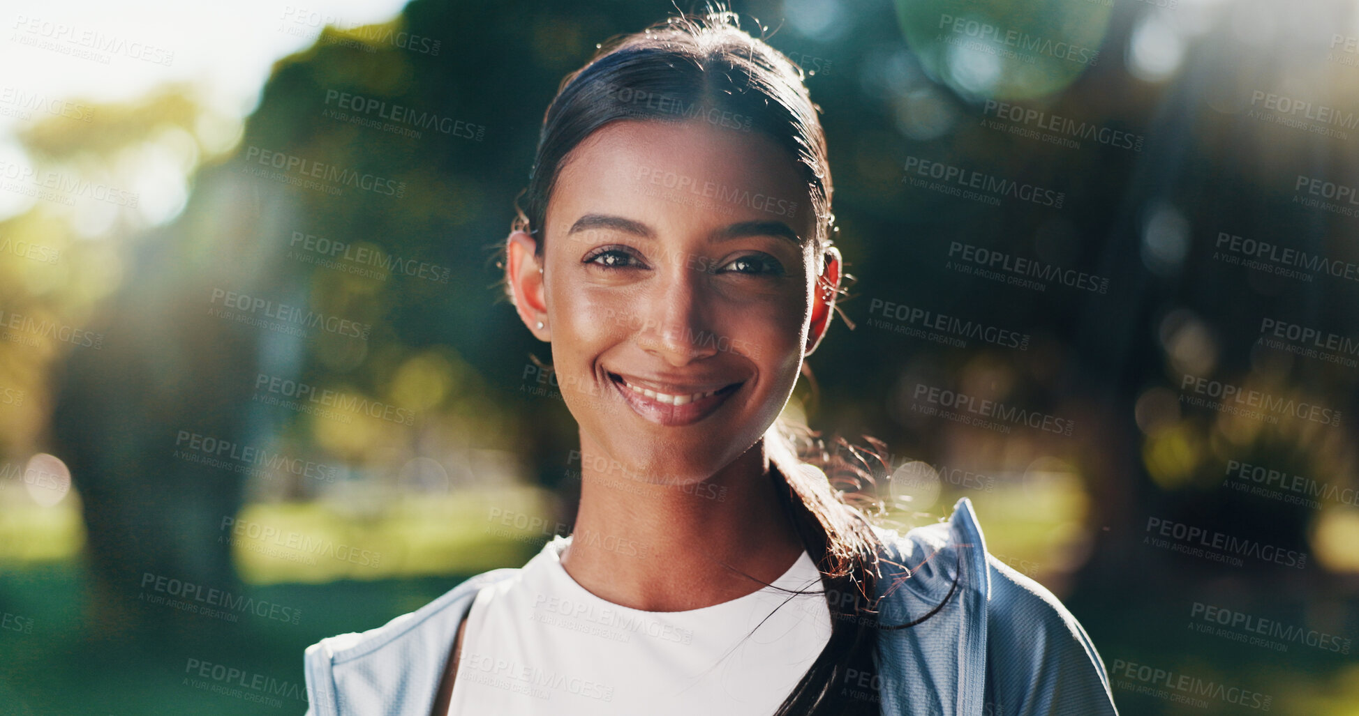 Buy stock photo Fitness, girl and happy with portrait at park for morning workout, cardio exercise and ready for marathon. Athlete, runner and smile in nature for wellness routine, running confidence and self care