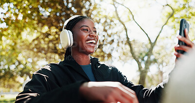 Buy stock photo Nature, athlete and woman with headphones, selfie and picture for self motivation on social media. Park, happy and black person with smile for post, influencer and photography for fitness progress