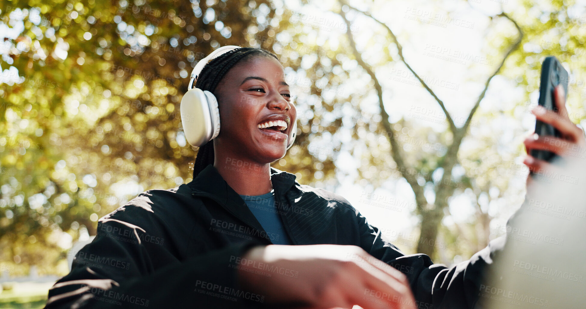 Buy stock photo Nature, athlete and woman with headphones, selfie and picture for self motivation on social media. Park, happy and black person with smile for post, influencer and photography for fitness progress