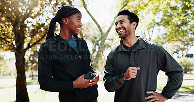 Buy stock photo Fitness, nature and couple in park for workout, running or marathon training together in morning. Laughing, health and man with woman for conversation for cardio exercise with wellness outdoor.
