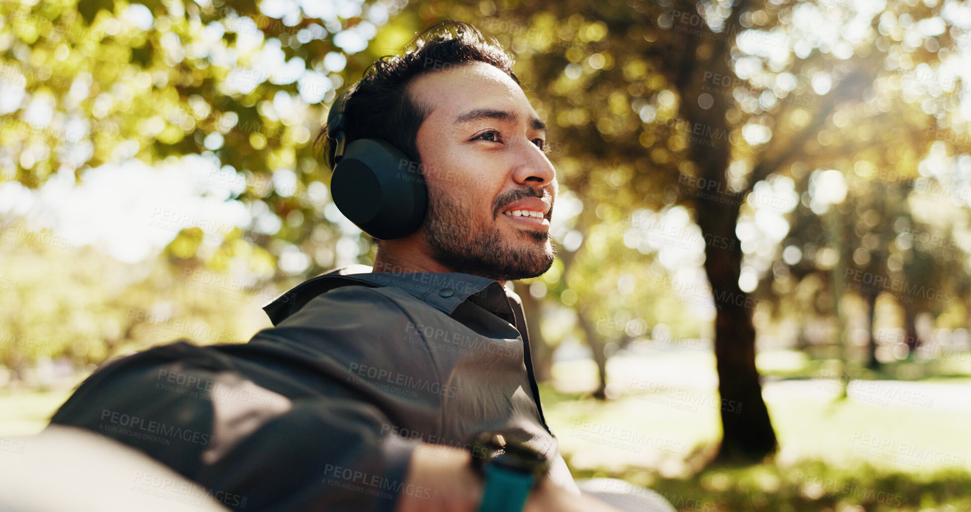 Buy stock photo Thinking, man and headphones for fitness in city by listening to music, streaming audio and break. Male person, thoughts and relax with exercise podcast, workout recovery and ideas of sports training