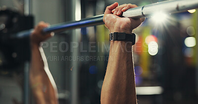 Buy stock photo Hands, fitness and man in gym, barbell and training with weightlifting, workout and exercise. Closeup, healthy person and bodybuilder in wellness center, equipment and challenge with power and strong