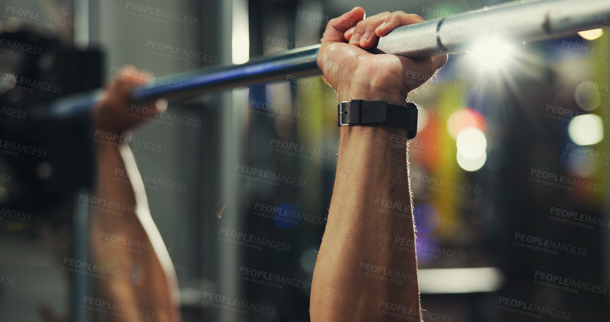 Buy stock photo Hands, fitness and man in gym, barbell and training with weightlifting, workout and exercise. Closeup, healthy person and bodybuilder in wellness center, equipment and challenge with power and strong