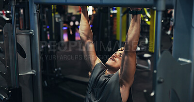 Buy stock photo Fitness, man and pull up workout at gym for shoulder strength, muscle mass and bodybuilding performance. Bodybuilder, athlete and power training on exercise bar for biceps development and wellness